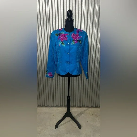 Women’s Vintage Anne Crimmins for UMI Collections Blue Silk Floral Blazer 12 - Picture 1 of 5